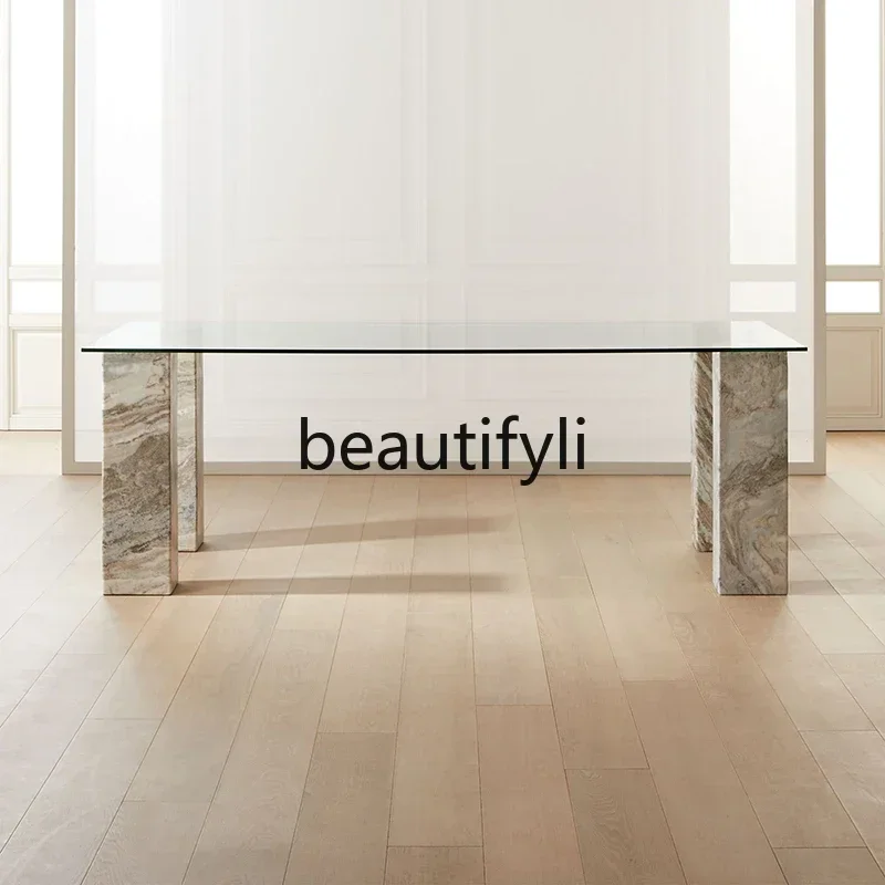 

qqRestaurant tempered glass dining table light luxury marble negotiation table simple modern rectangular household