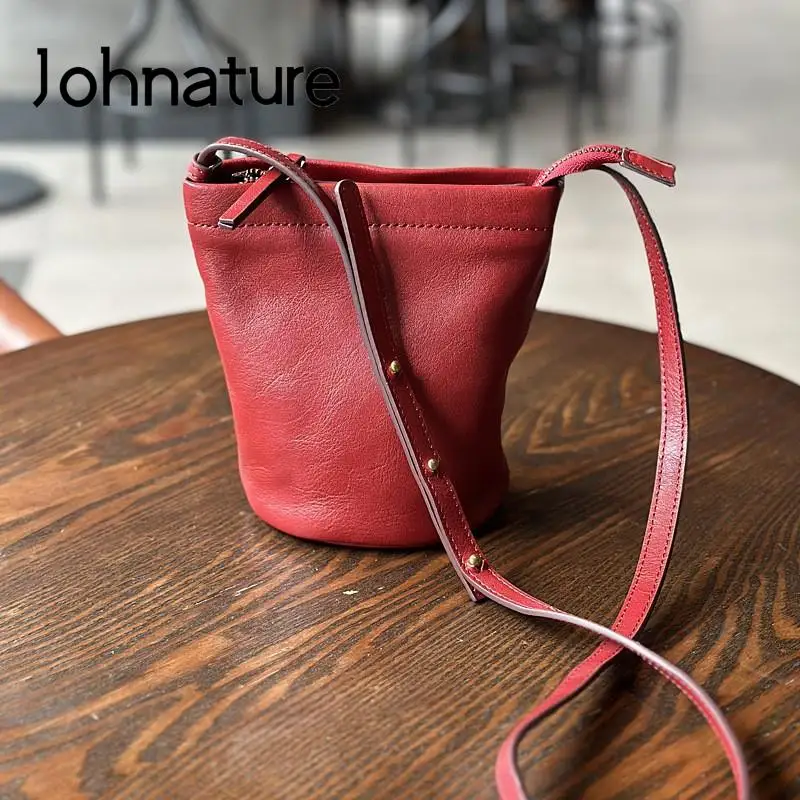 Johnature Casual Women Mini Bag 2024 New Simple Solid Color Genuine Leather Versatile Small Bucket Shoulder & Crossbody Bags