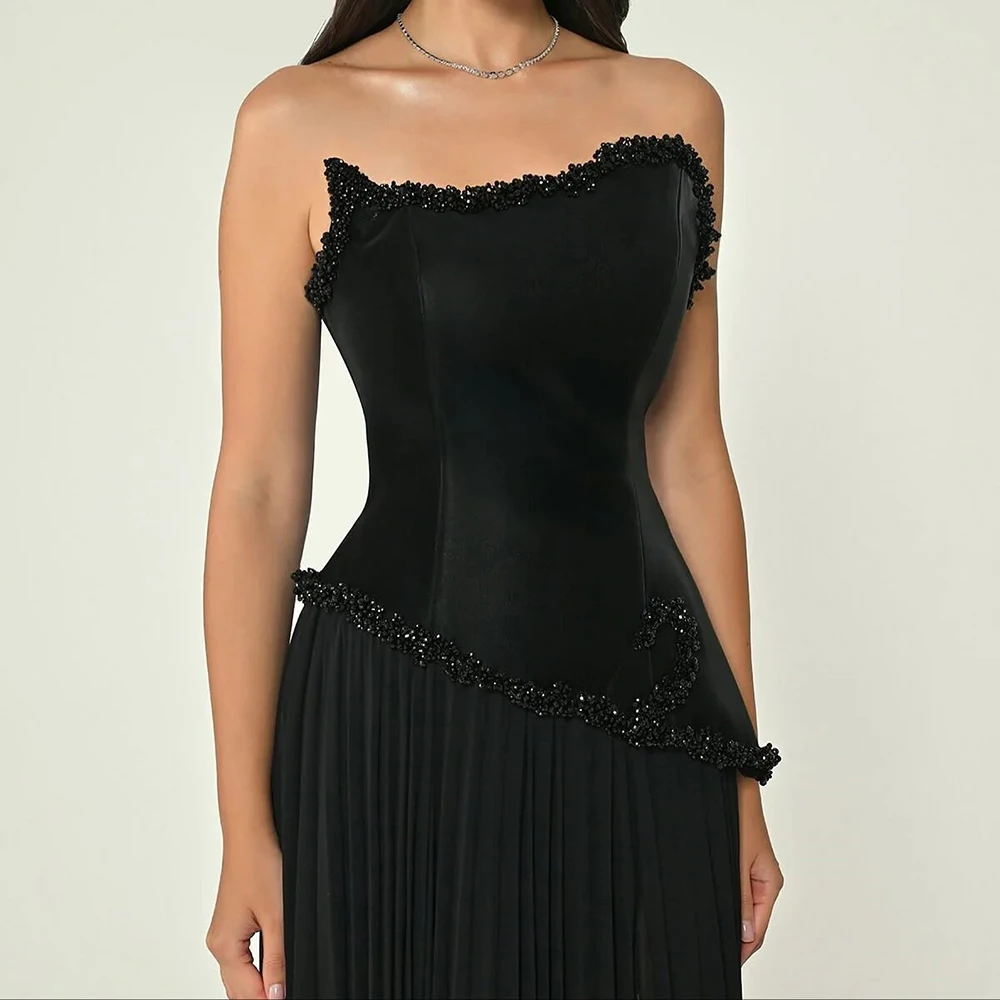 Customized A-line Evening Dresses Floor-length Strapless Sleeveless Prom Gown Fashion Sequined Backless Lace-up Party Gown