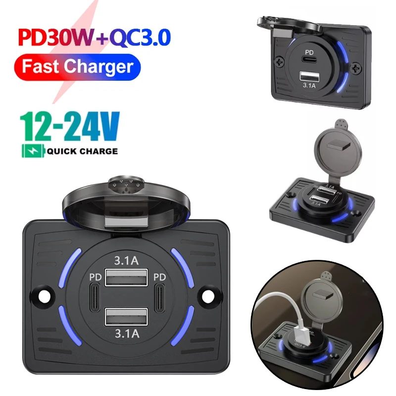 12V/24V RV USB Outlet Dual USB PD30W + QC3.0 Auto Ladegerät Steckdose Panel Wasserdichte Schnell ladegerät für Auto Bus RV Lkw Zubehör