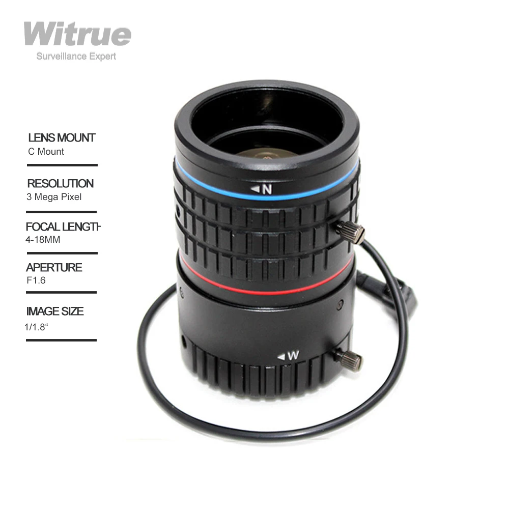 

Witrue C Mount варифокальный объектив 4-18 мм HD 3MP Aperture F1.6 формат 1/1.8 "Авто Iris для видеонаблюдения камеры видеонаблюдения