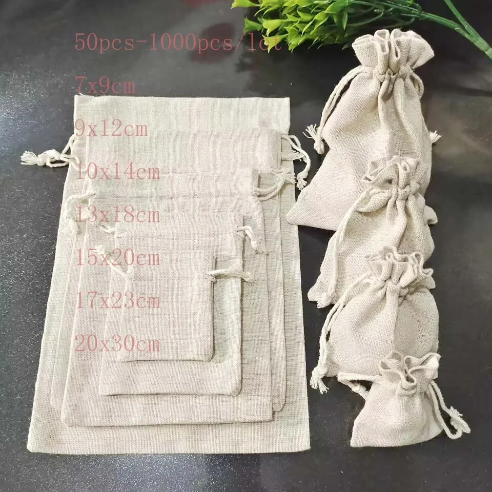 

50pcs Natural Linen Gift Bags 7x9cm 9x12cm 10x15cm Party Candy Jute Pouch Custom Logo Jewelry Sack