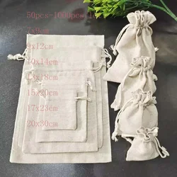 50pcs Natural Linen Gift Bags 7x9cm 9x12cm 10x15cm Party Candy Jute Pouch Custom Logo Jewelry Sack