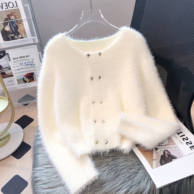 

Mink fur knitted cardigan sweater jacket for women's autumn and winter 2025 short style double breasted round neck jacket