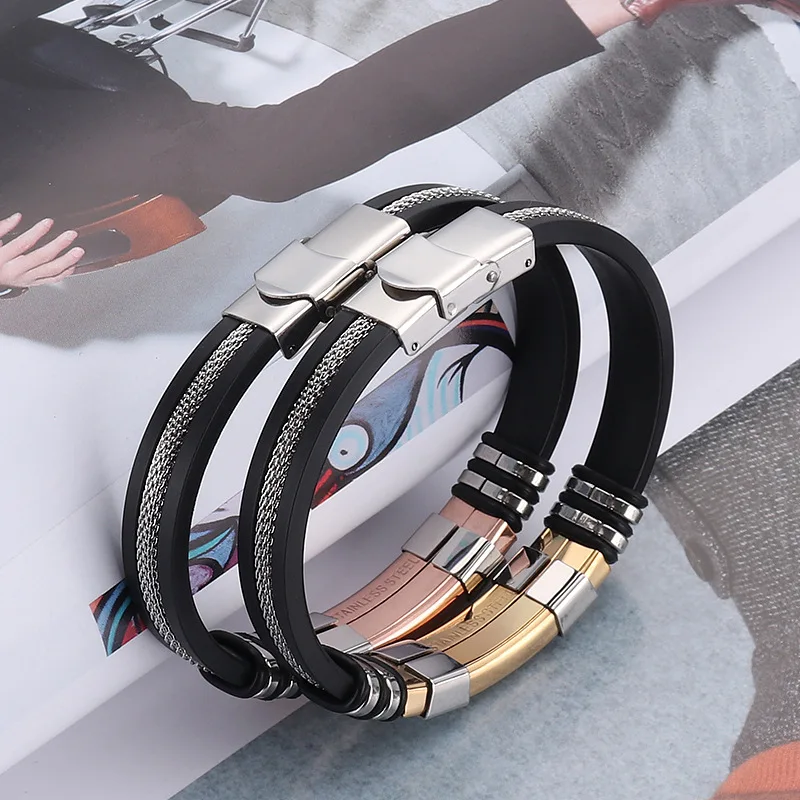 Fashion Stainless Steel Bracelets Men Wrist Band Black Grooved Mesh Link Insert Punk Wristband Casual Bangles Punk Jewelry