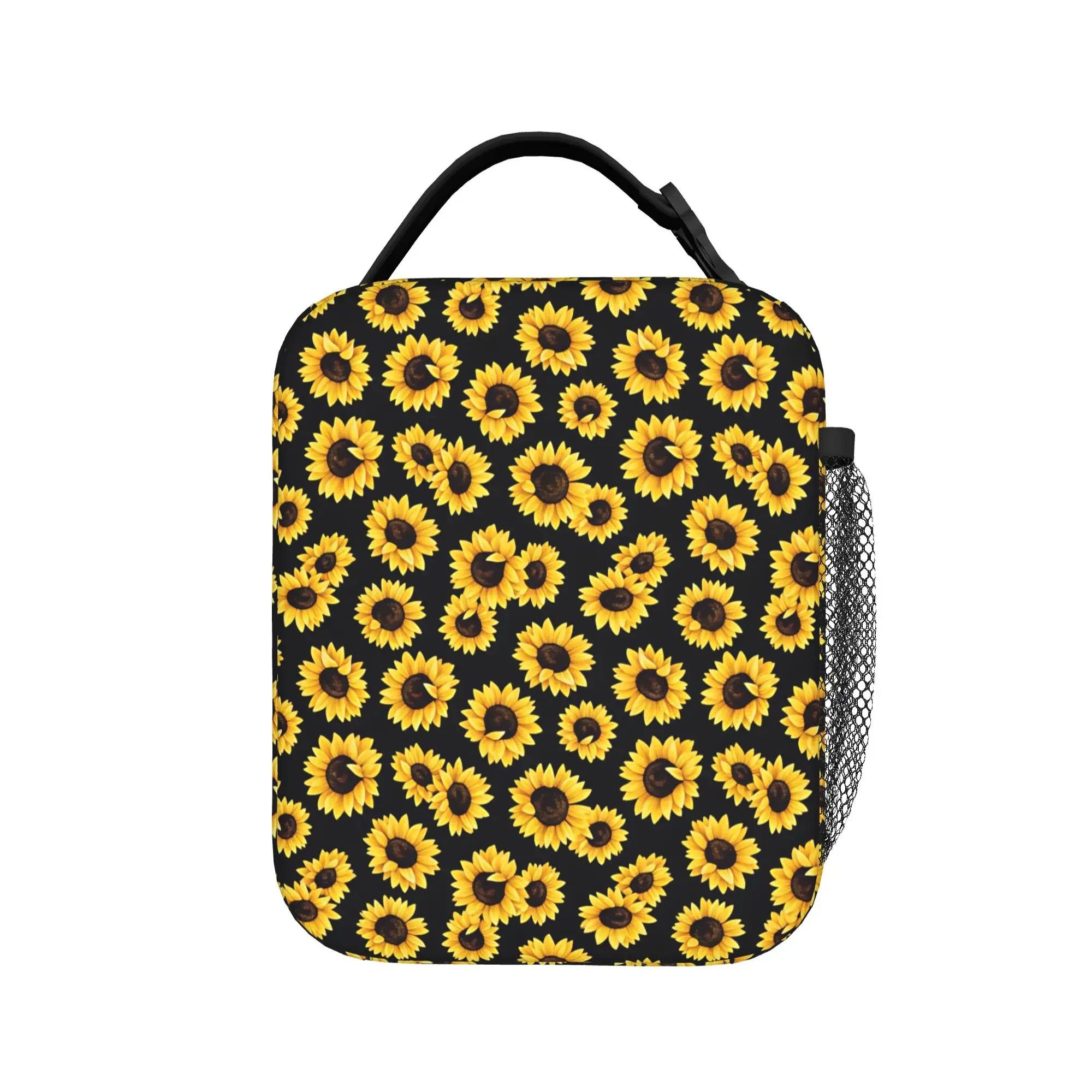 Sunflower Bloom Black Background Lunch Bag  Office Lunch Box For Women  Fun Print Tote Food Bags Waterproof Portable Cooler Bag