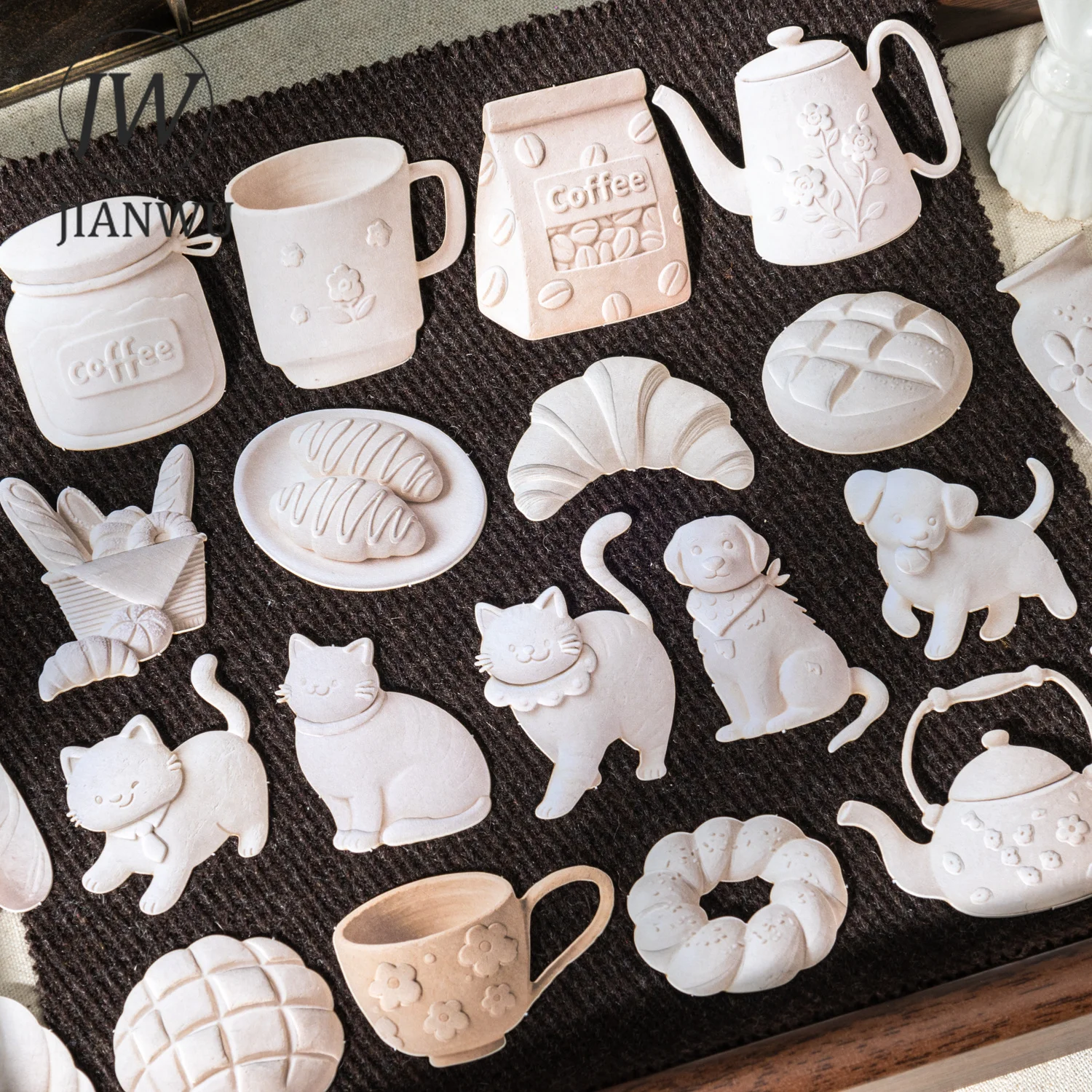 JIANWU Vintage Ceramics Flower Cup Bread House Cat Character Landscape Material Collage Sticker Creative DIY Journal Stationery