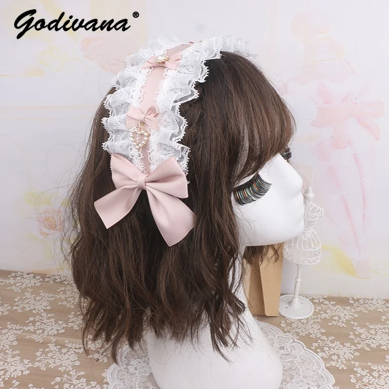 Fascia per capelli fatta a mano giapponese dolce e carina Lolita con fiocco in strass, fascia larga per ragazza, dolce copricapo da donna