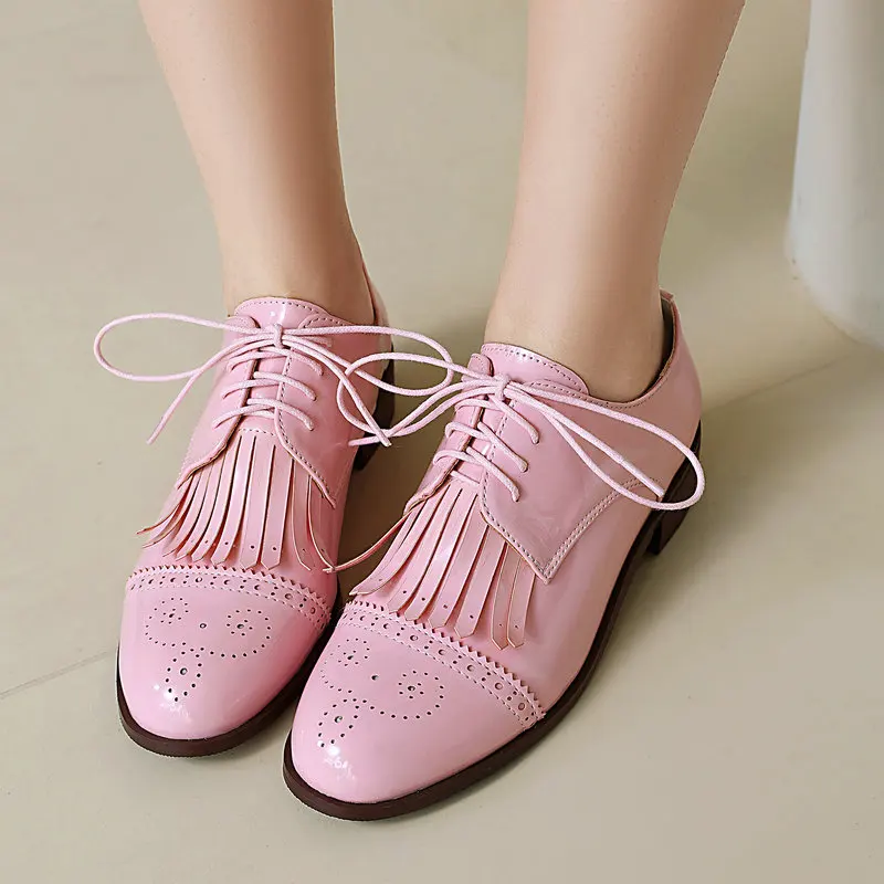براءة اختراع بو الجلود الوردي الأخضر الأحمر الدانتيل متابعة عبر تعادل النساء مضخات مربع منخفضة الكعب النساء تصليحه أحذية أوكسفورد الأحذية مع شرابات #2
