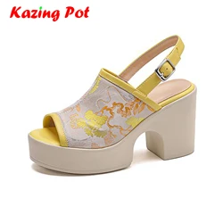 Krazing Pot Embroidered Fabric Superstar Super High Heels Peep Toe Summer Buckle Straps European Platform Modern Women Sandals