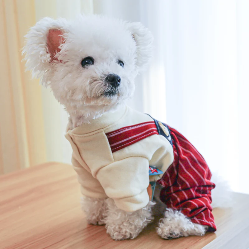 1PC Pet Apparel Dog Spring and Autumn Wine Red Striped Four legged Pants Rabbit High Waist Strap Pants For Small Medium Dogs