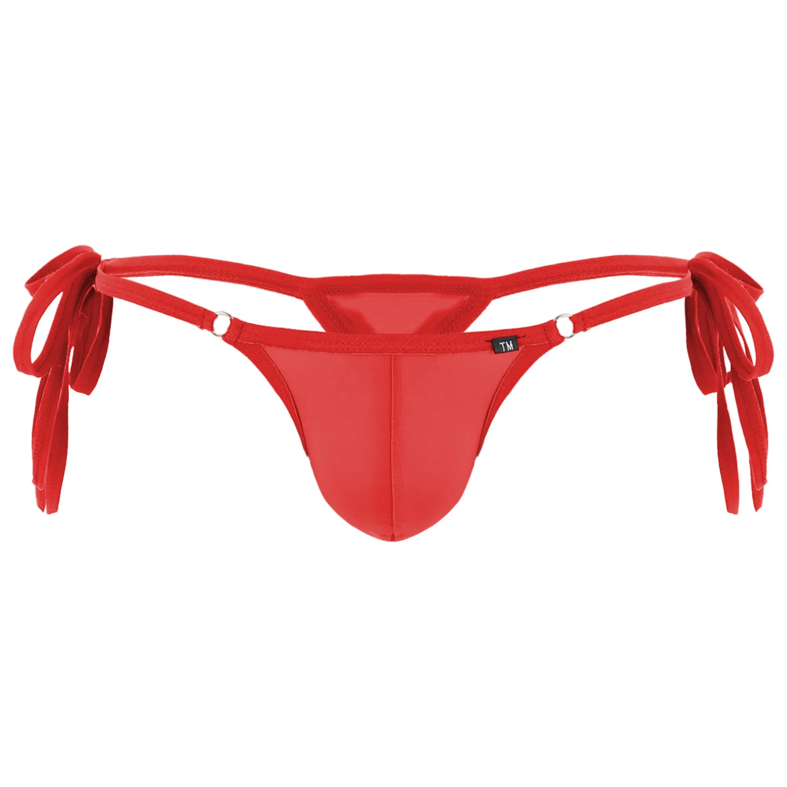 Men's Adjustable Tie Side Ice Silk Thong Metal Ring Decor Big U Bulge Pouch Low Rise One Size Elastic Sexy T-string Underpants