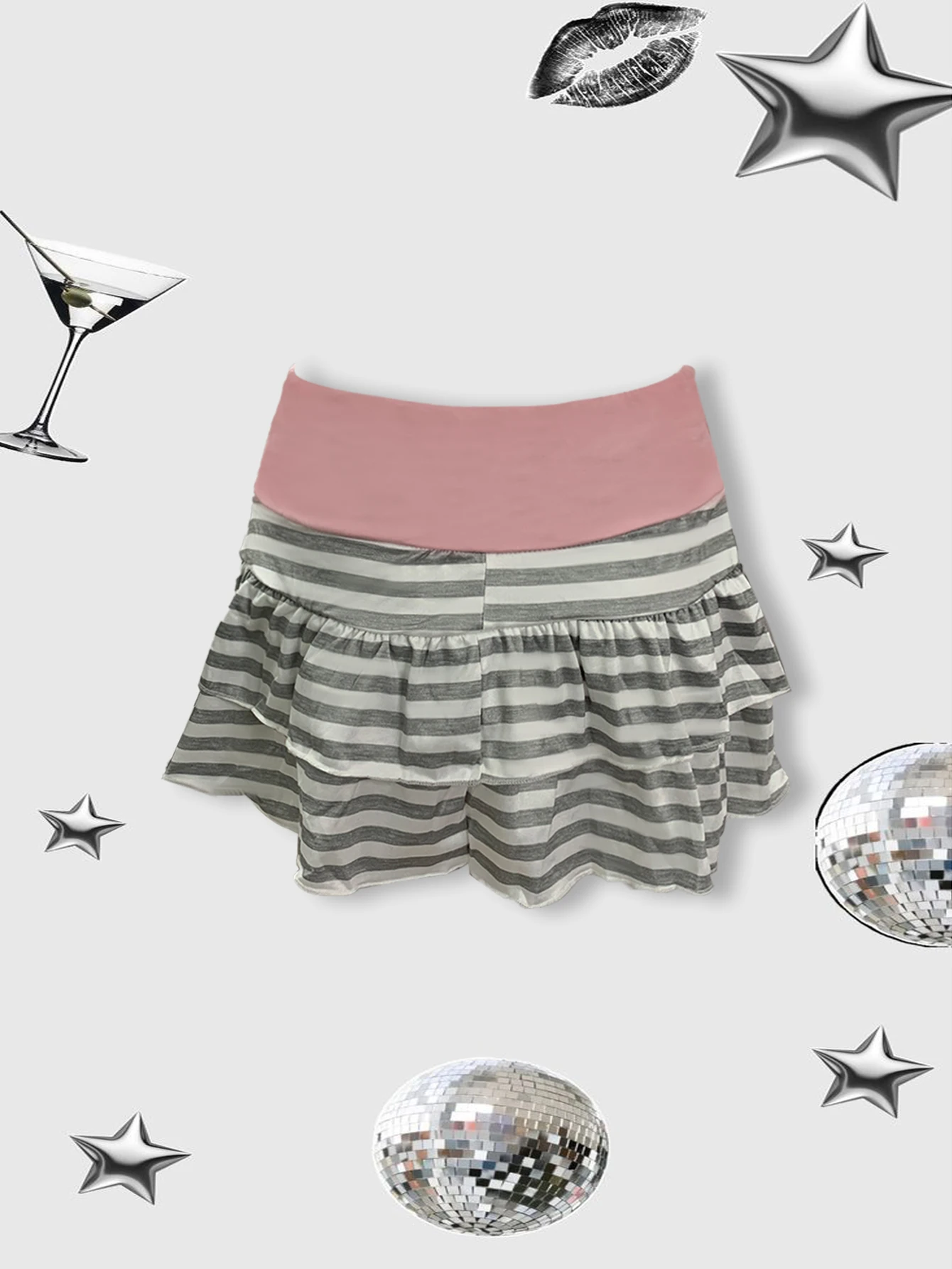 

Women Pink Grey Striped Ruffle Mini Skirt 2026 Y2K Sweet Cool Casual Tiered Skirt