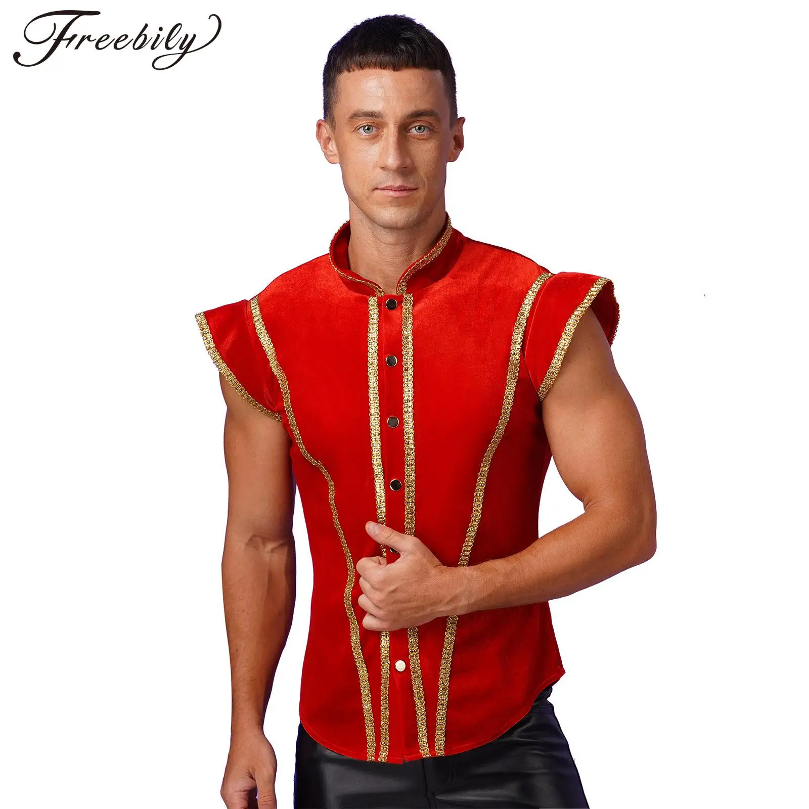 Mens Halloween Circus Cosplay Costume Medieval Steampunk Vest Stand Collar Gold Trims Velvet Waistcoat for Carnival Theme Party