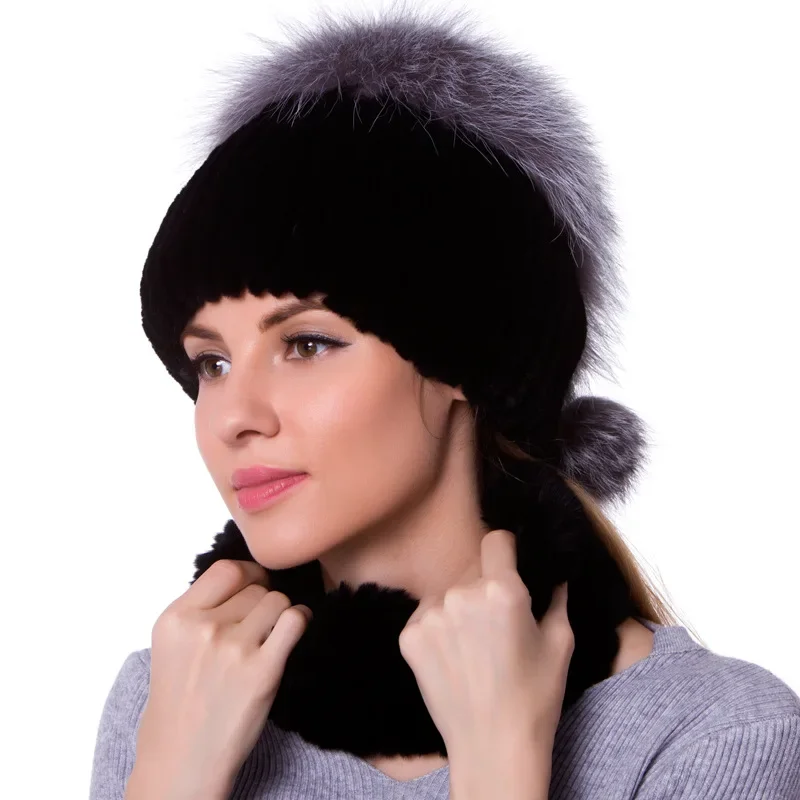 Sombrero de pelo de conejo de nutria Real para mujer, gorro de punto de piel, conjunto de cuello de pelo de zorro de invierno, dos piezas