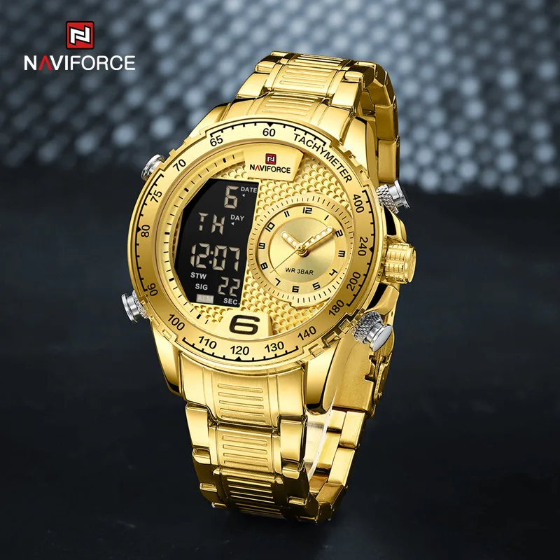 

NAVIFORCE Watches Mens Gold Business Luminous Digital Clock Calendar Waterproof Original Steel Strap Watch Men Relogio Masculino