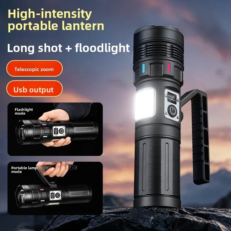 High-Power White Laser Zoom Searchlight: Ultra-Bright, USB Rechargeable, Digital Display, Alloy Handheld Flashlight