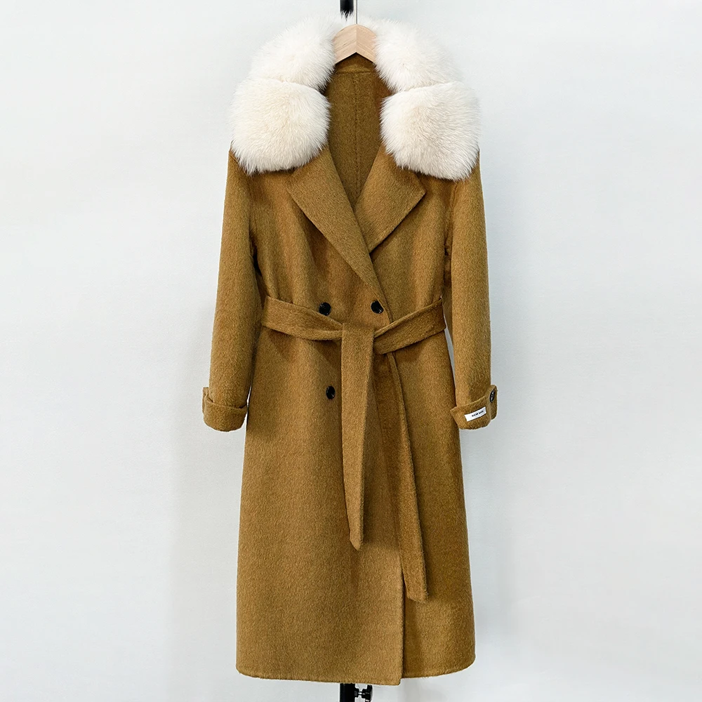 Natural Real Fox Fur Elegant Woolen Jacket Loose Women New Autumn Spring Cashmere Long Wool Blends Coat Outerwear Fur Jacket