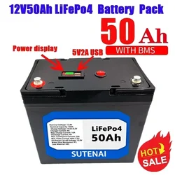 12V 50Ah Lithium Iron Phosphate Battery LiFePO4 Built-in BMS LiFePO4 Battery for Solar Power System RV House Trolling Motor