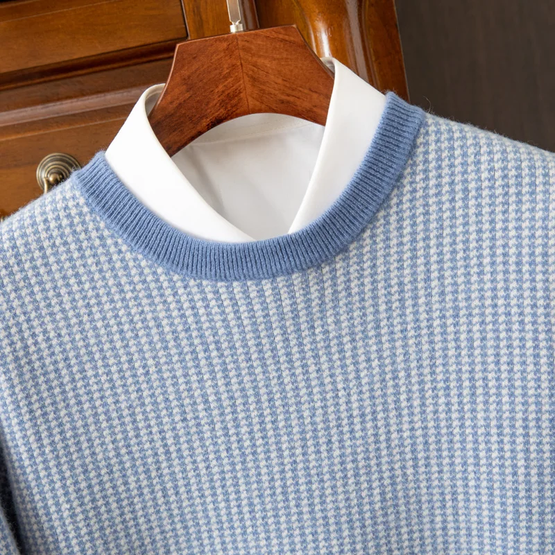 Autumn And Winter New Round Neck Thick 100% Pure Wool Men's High-End Houndstooth Sweater Knitted Pullover