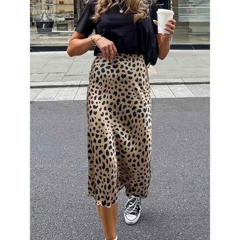 

Retro Leopard Satin Bread Hip High Waist Long Skirt Elegant Women's Fishtail Skirt
