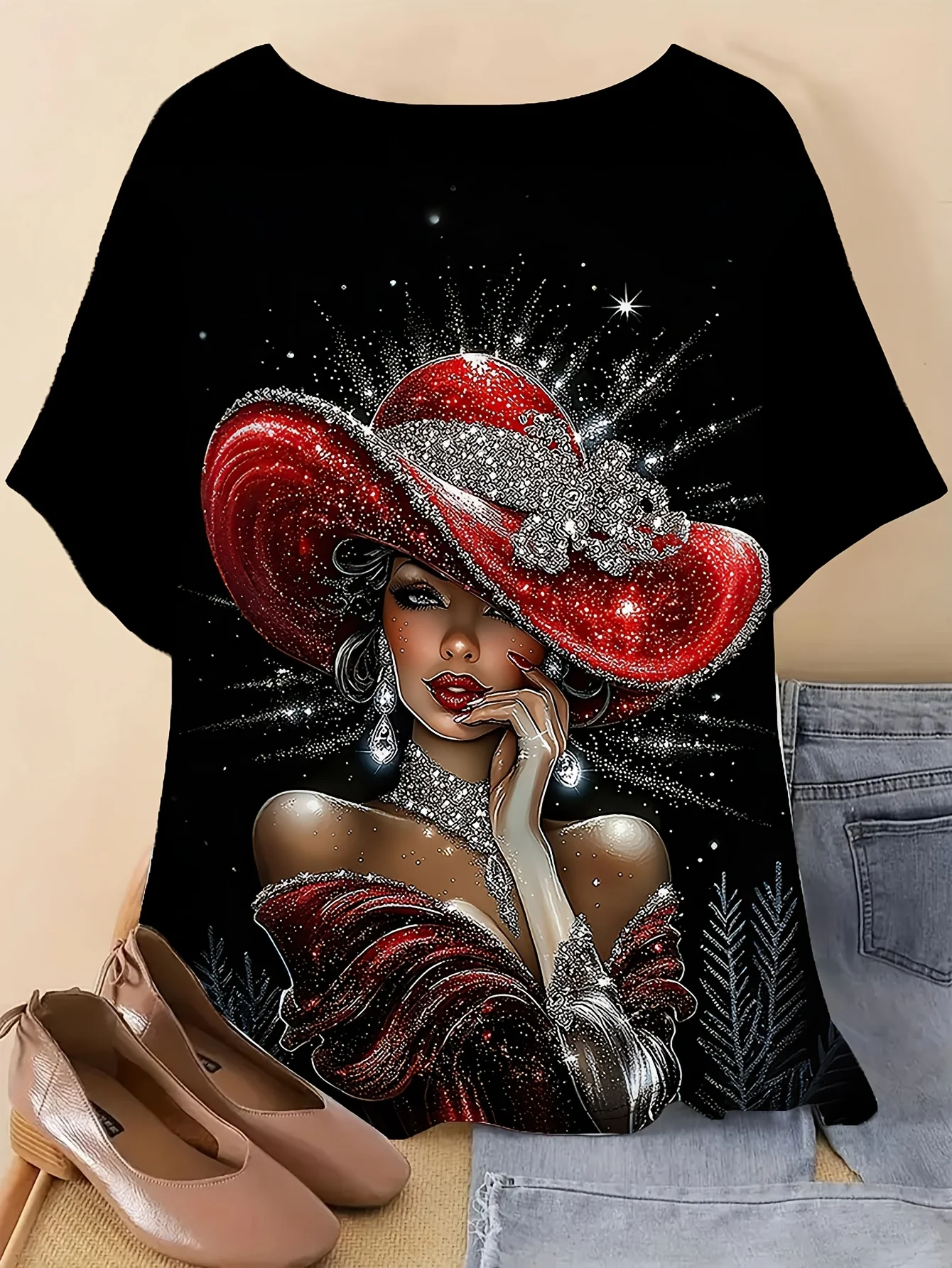 Women Crew Neck Short Sleeve T‑shirt Elegant Lady With Sparkly Red Wide Hat Art Print Black Summer Casual Top