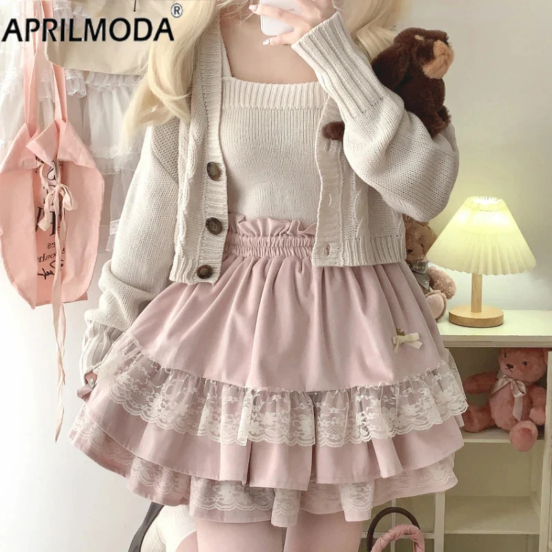 Estilo preppy feminino coelho arco altura saias de cintura japonês kawaii lolita saia de veludo feminino elegante doce renda a linha saia de festa