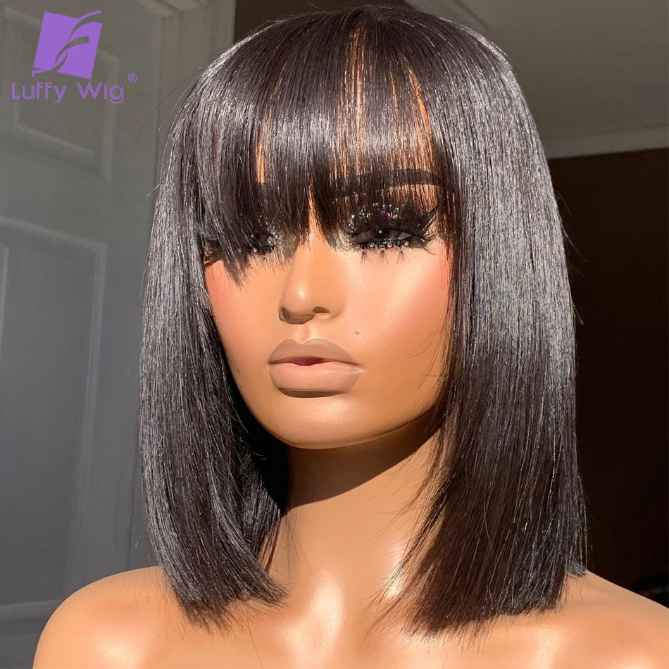 200 Density Short Bob Human Hair Wigs With Bangs Scalp Base Top Full Machine Made Wig Remy Brazilian Straight Bang Wig LUFFY