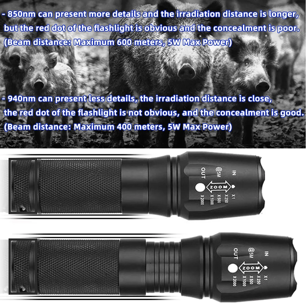 IR LED Illuminator LED Zoomable 940nm 850nm Infrared Flashlight Night Vision Device for Hunting, Search& Rescue, Military Use.