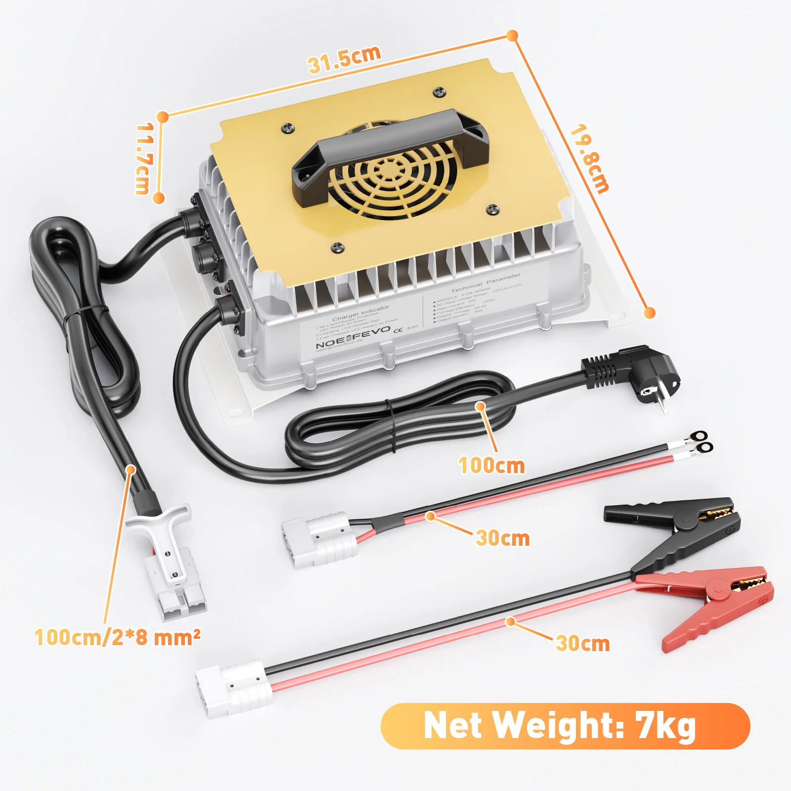 NOEIFEVO 48V (51,2V) 30A lithium LiFePO4-batterijlader, IP65 waterdicht, 0V BMS geactiveerd, 58,4V snellader voor 16S-batterij