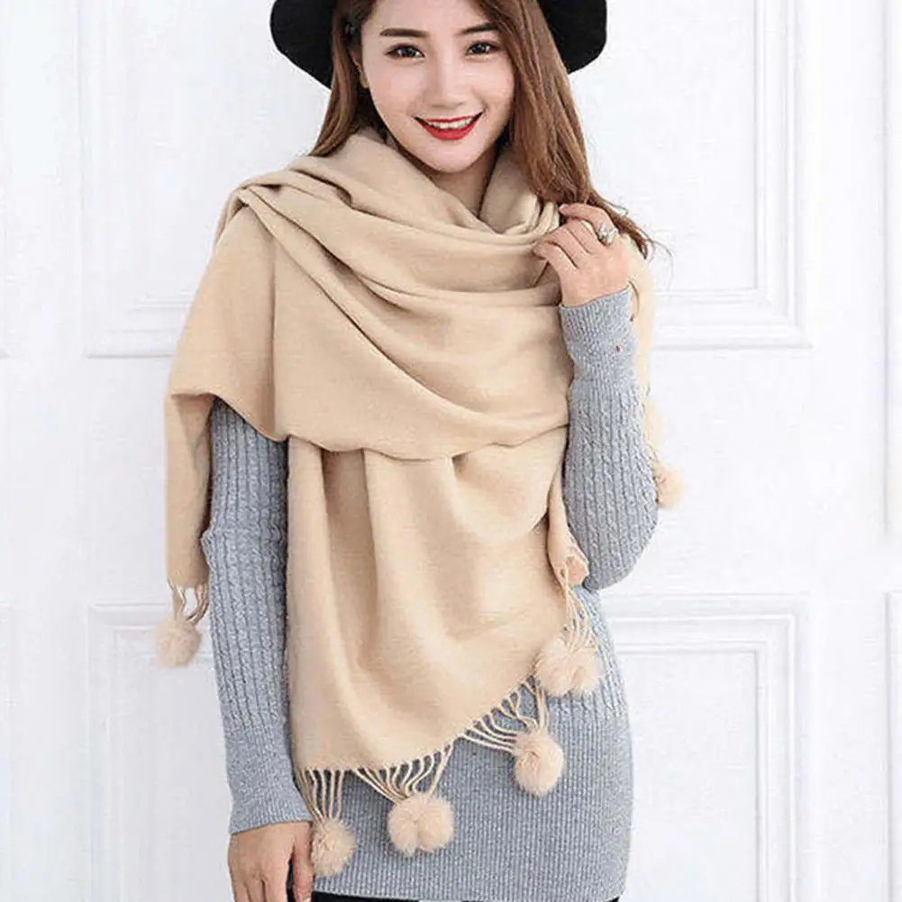 200cmx70cm Winter Women Scarf Plush Ball Decoration Solid Color  Long Tassels Women Thicken Wrap Shawl Pashmina