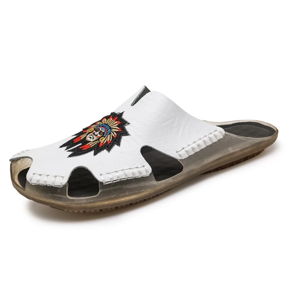 

2026 Men's Casual Leather Sandals Summer Large Size 47 48 Beach Fashion Slippers Rubber Sole Comfortable Slip-On Shoes