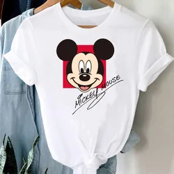 Disney-Camiseta blanca con estampado de Mickey y Minnie Mouse para mujer, Top informal de manga corta con cuello redondo, ropa de verano