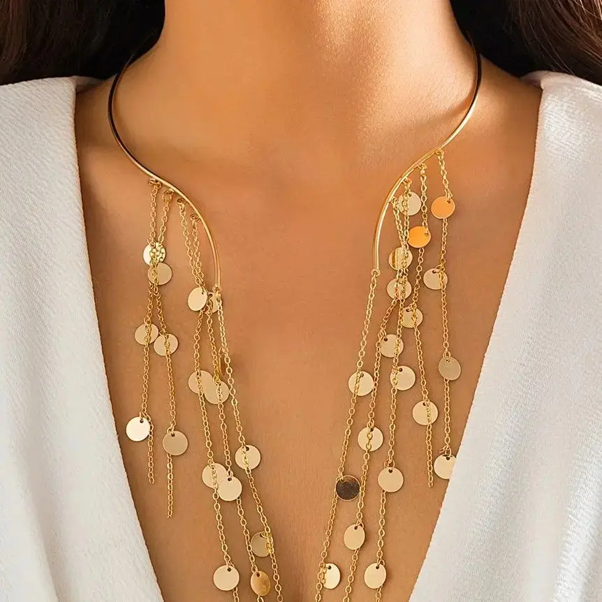 Seksowny gotycki długi frędzel cekinowy wisiorek z imitacji pereł otwarte momenty Choker naszyjnik dla kobiet Vintage łańcuszek na klatkę piersiową śr akcesoria