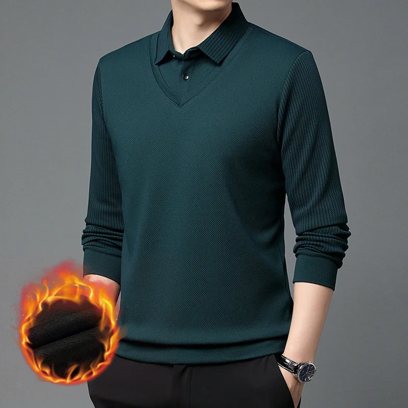 Sweater Men 2025 Casual Fake Two Pieces Warm With Fleece Thickened Turn Down Collar Casual Top Base Sweater men's Clothing