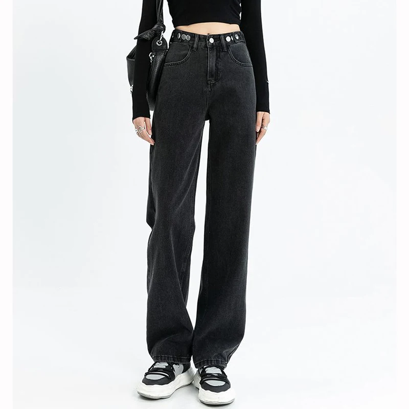 2026 Lady High Waist Thin Casual Jeans Hot Sale Female Straight Leg Pants Girls Korean Fashion Loose Solid Trousers