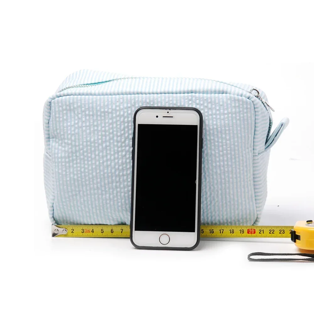 러플이 있는 스트라이프 시어서커 메이크업 가방, 지퍼가 달린 대용량 여행용 화장품 파우치, 여성용 세면도구 정리함