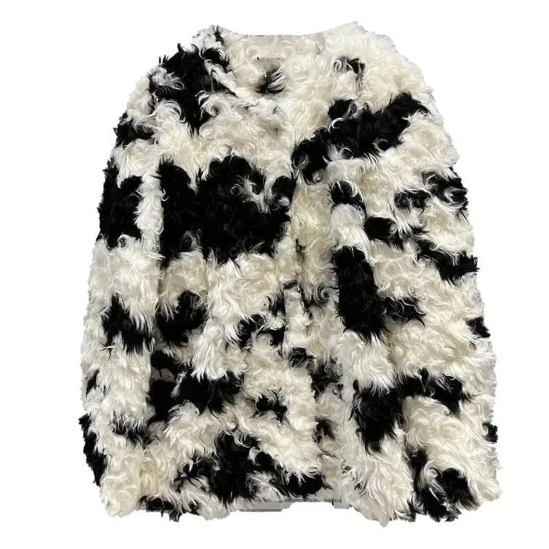Winter Cow Pattern Curly Coat for Women Imitation Fur Women's Clothing Plush Winter Thick Warm Fur Long Sleeve Fashion Tops 1Pc