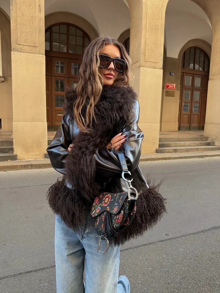 Ladies Faux Fur Trim Patchwork Pu Leather Short Jacket Full Sleeve Cinched Waist Cropped Coat Autumn Fashion Casual Lady Outfits