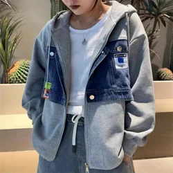 Sweater Denim Stitching Short Coat Female 2025 Fashion Spring And Autumn New Retro College Style Long Sleeve Hoodie