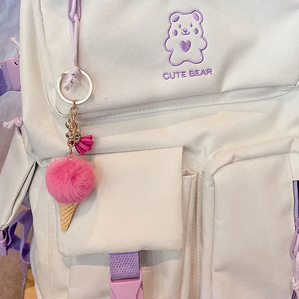 Creative Ice Cream Pendant Keychain Cute Fluffy Pom Pom Plush Keyring For Women Girls Wallet Handbag Ornament Decoration Gifts