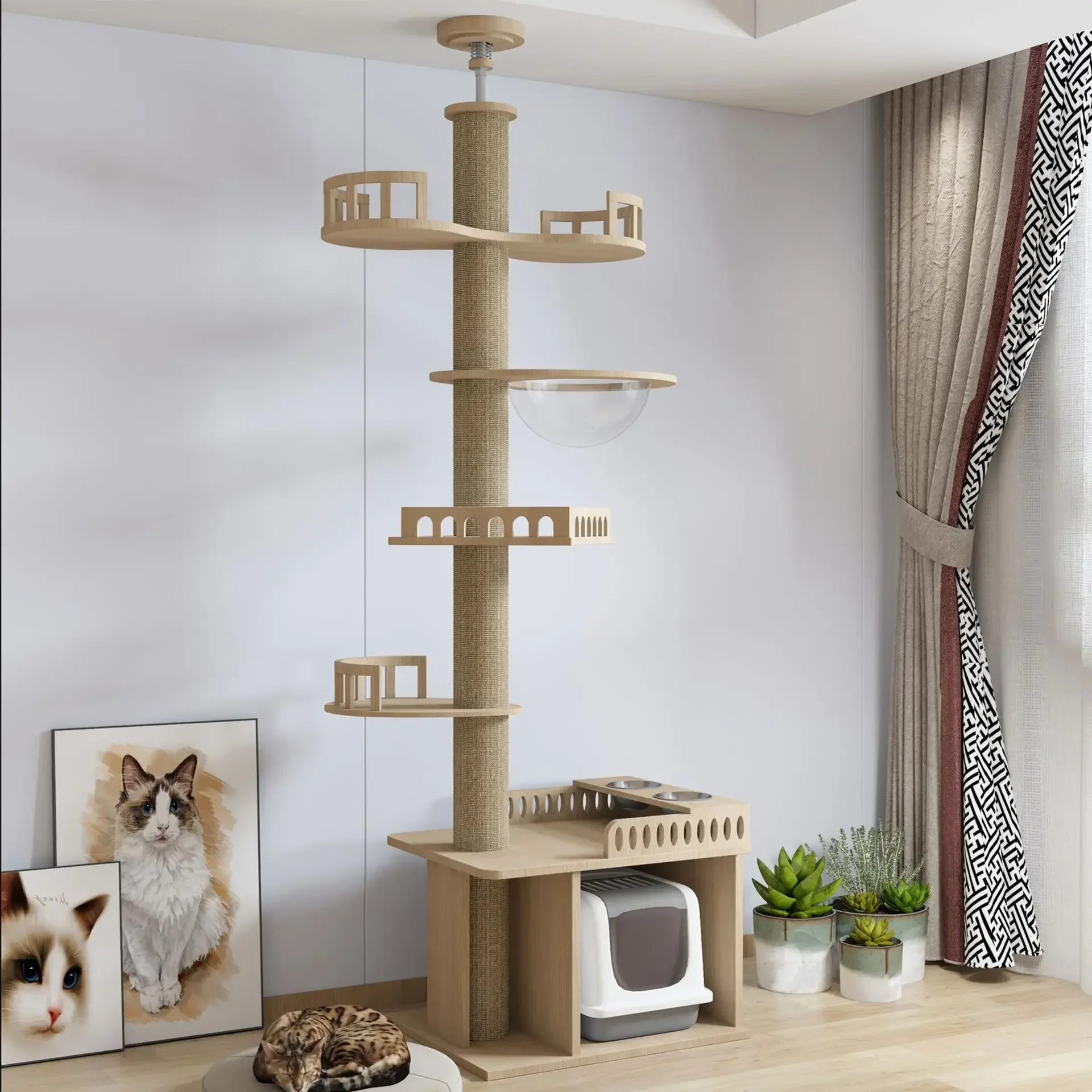 

#For Adjustable Cat Tree House Cat Tower Jumping Platform Floor to Ceiling Cats Multi-Level Condo Hammock Pet Cats Activity Cent