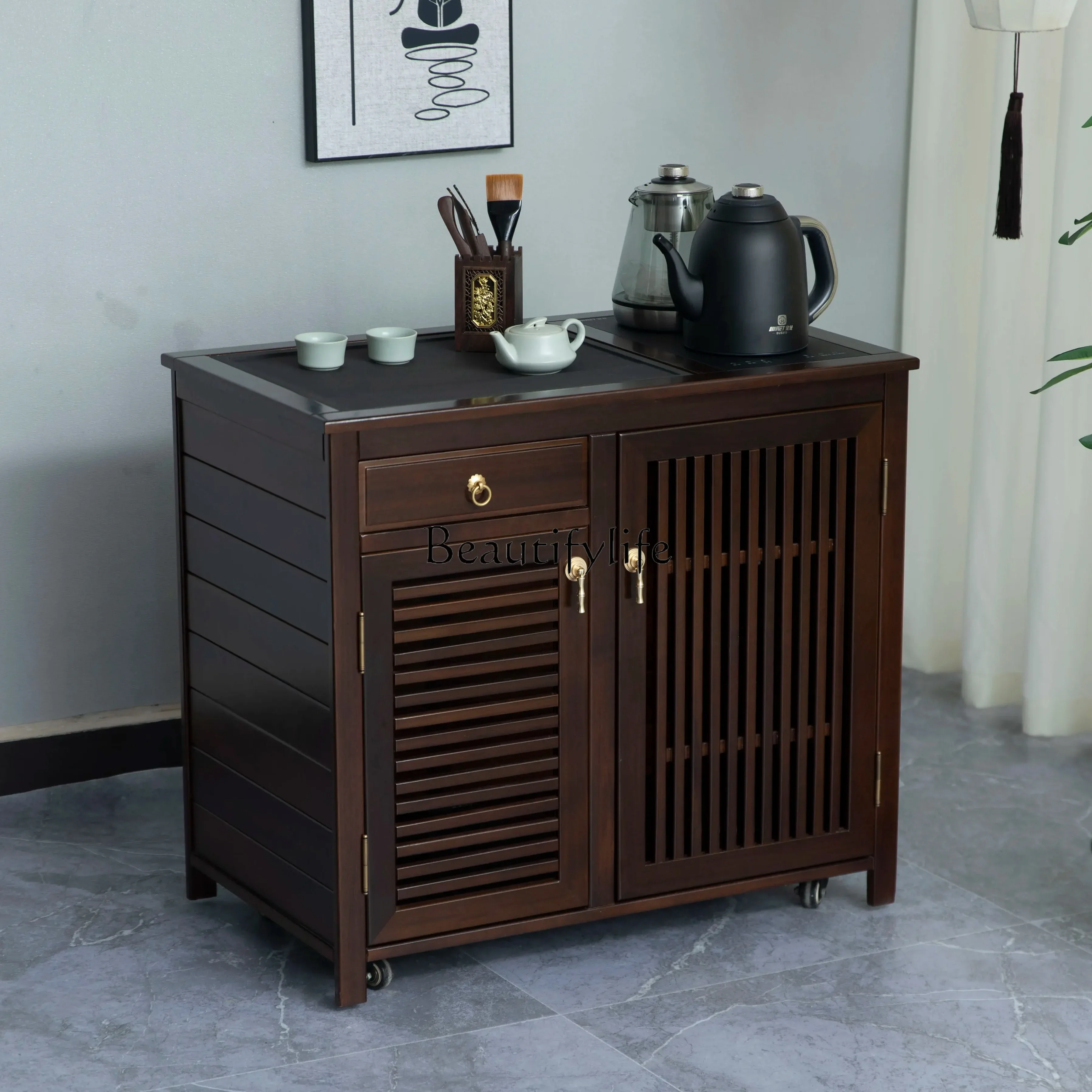 

ls 42Solid wood tea cabinet movable new Chinese tea cabinet living room boiling water integrated
