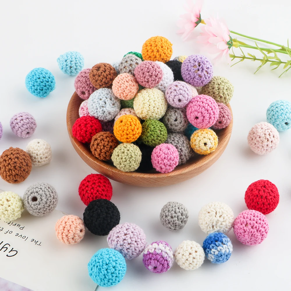 16MM Colorful Crochet Ball Knitting Crochet Round Wooden Bead Handmade Ball DIY Necklace Jewelry Organic Teething Bracelet Beads