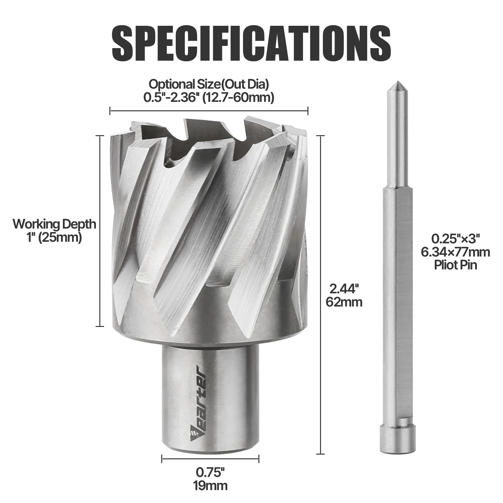 Vearter 1 Buah Pemotong Lubang Melingkar HSS 0.5 "-2.36" Mata Bor Inti Weldon Shank Mata Bor Berongga Pemotong Gergaji Lubang untuk Besi Baja Logam