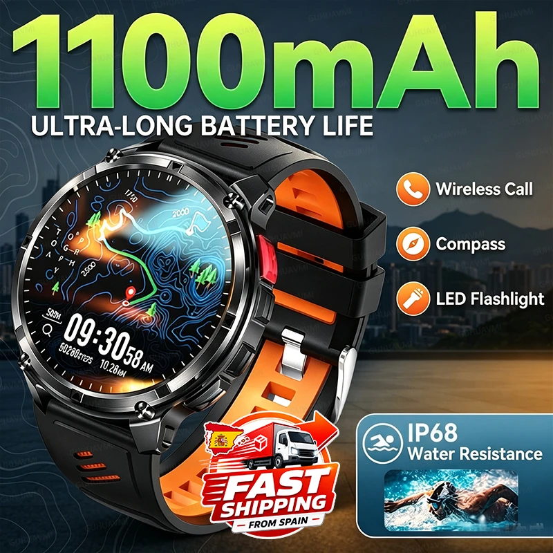 NOUVELLE montre intelligente tactique militaire, batterie 1100 mAh, écran 1,7", surveillance de la santé, lampe torche LED, boussole, étanche IP68, appels HD, montre intelligente de sport pour Android et iOS