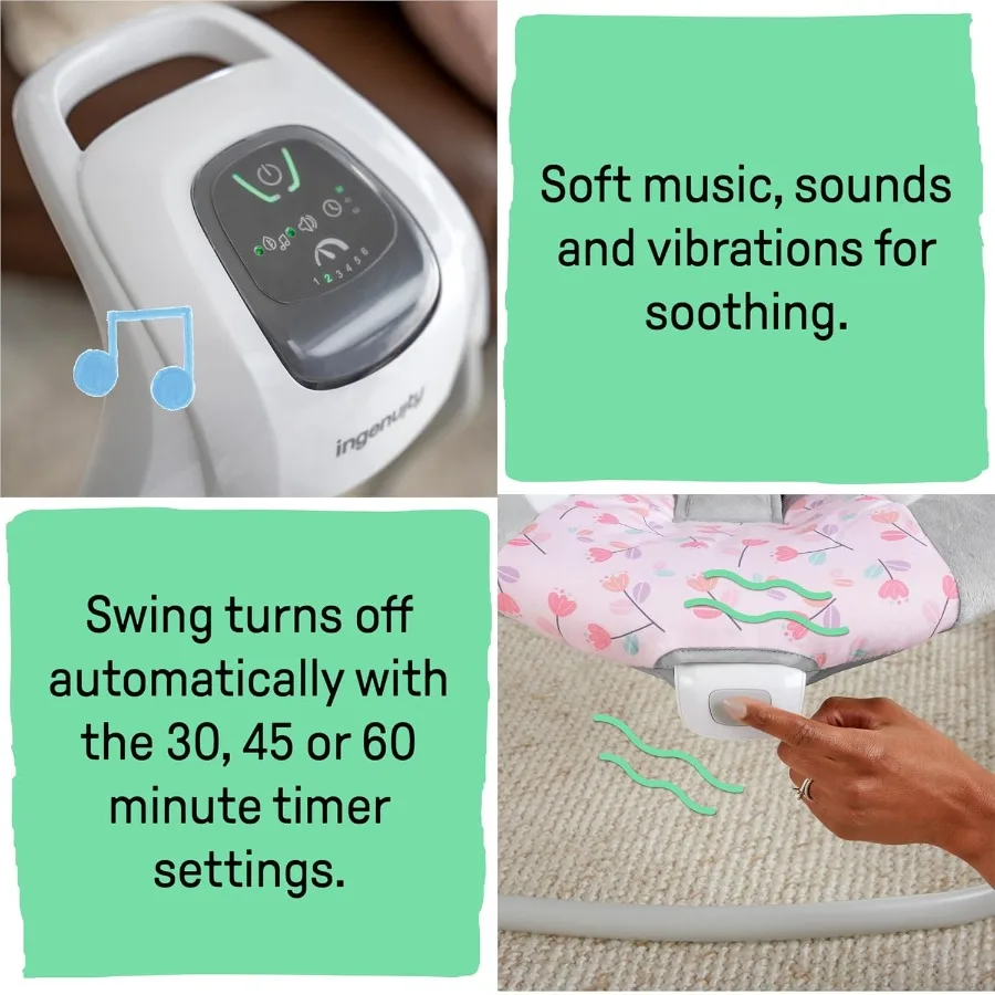 シンプルで快適、軽量でコンパクトな6段階振動、多方向ベビーブランコ、自然の音、0～9ヶ月、6～20ポンド対応