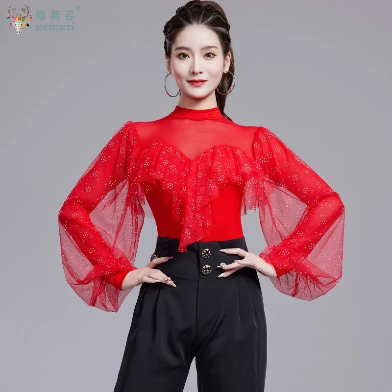 라틴 댄스 연습복 편안한 반소매 밝은 다이아몬드 탑 여성용 탱고 차차 의상 소셜 댄스 의류