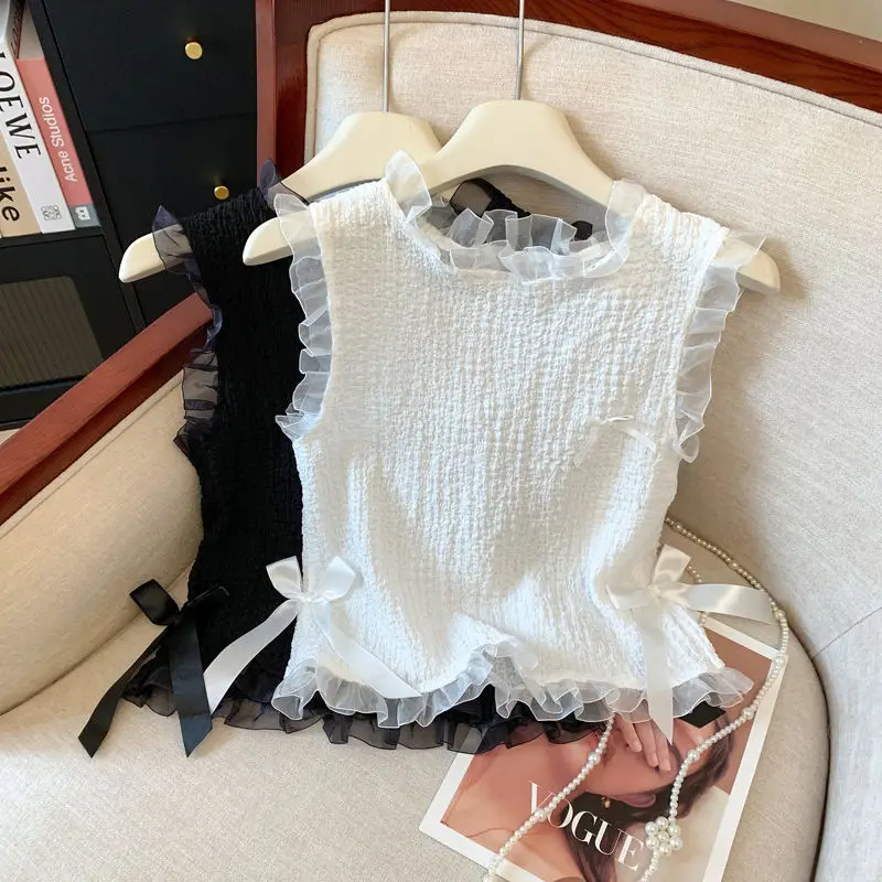 

Кружевная майка для женщин, летняя нижняя блузка в европейском стиле с фестончатыми краями, короткий топ без рукавов YY57