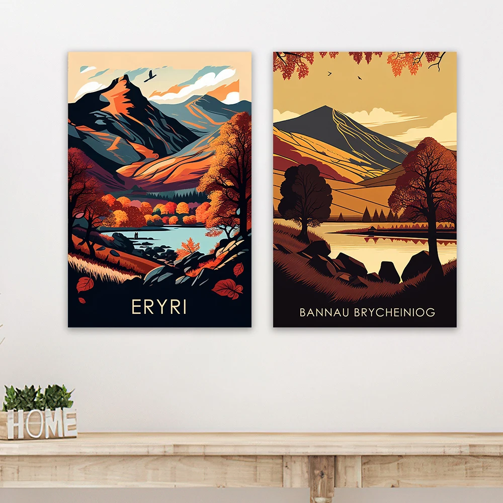 Welsh Locations in Autumn Travel Poster Bannau Brycheiniog Cwm Elan Eryri Landscape Canvas Paintings Wall Art Bedrooom Decor